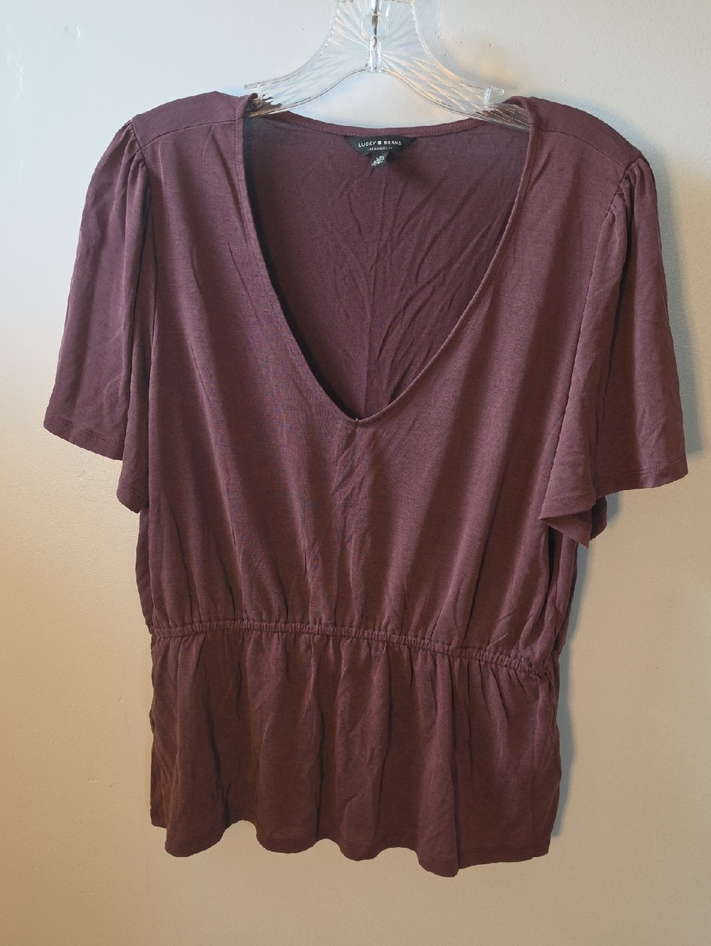 Lucky Brand Women's Deep Plum V-Neck Peplum Tee